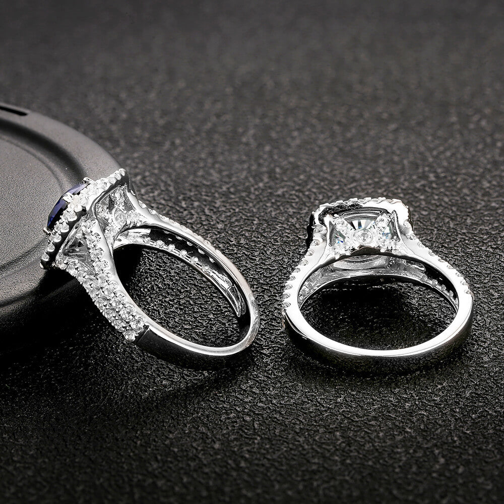 Double Halo Cushion Cut Moissanite Split Shank Pave Engagement Ring