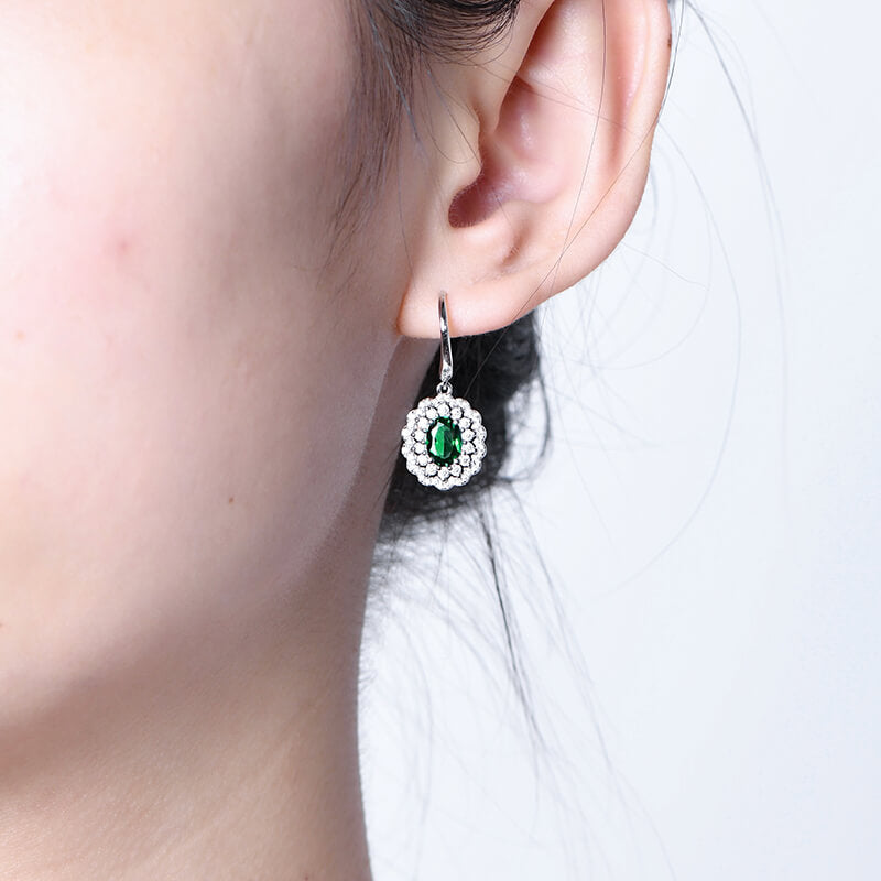 Double Halo Oval Lab-Created Emerald Sterling Silver Drop Earrings
