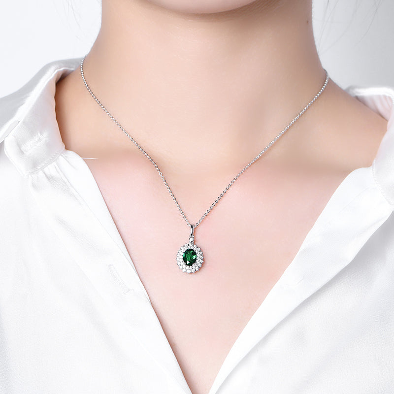 Double Halo Oval Lab-Created Emerald Sterling Silver Necklace