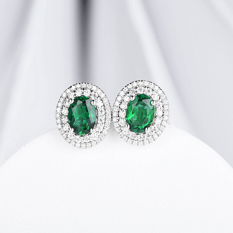 Double Halo Oval Lab-Created Emerald Sterling Silver Stud Earrings