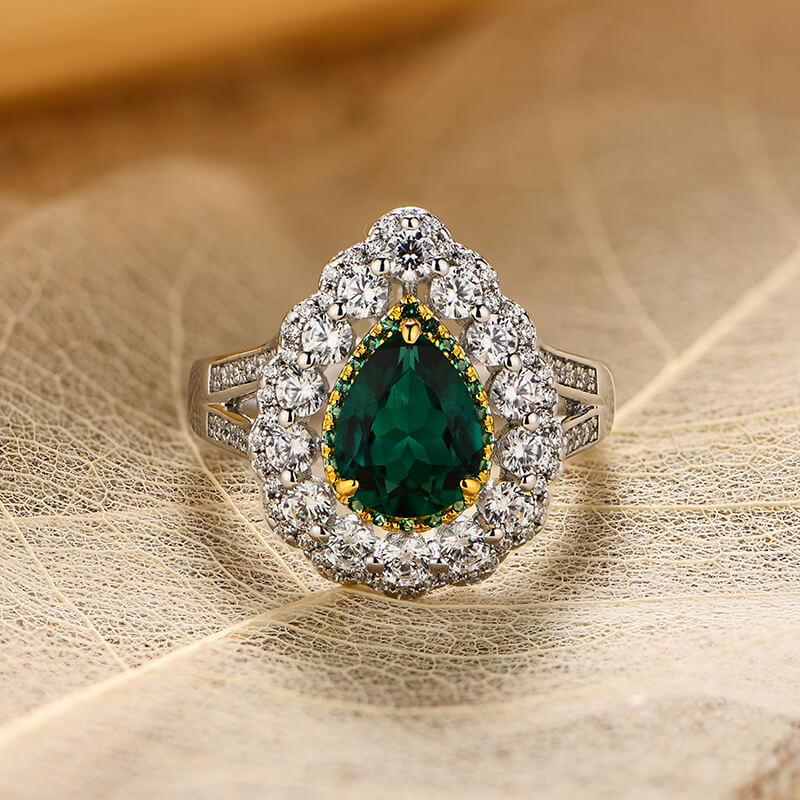 Double Halo Pear Emerald Split Shank Pave Engagement Ring