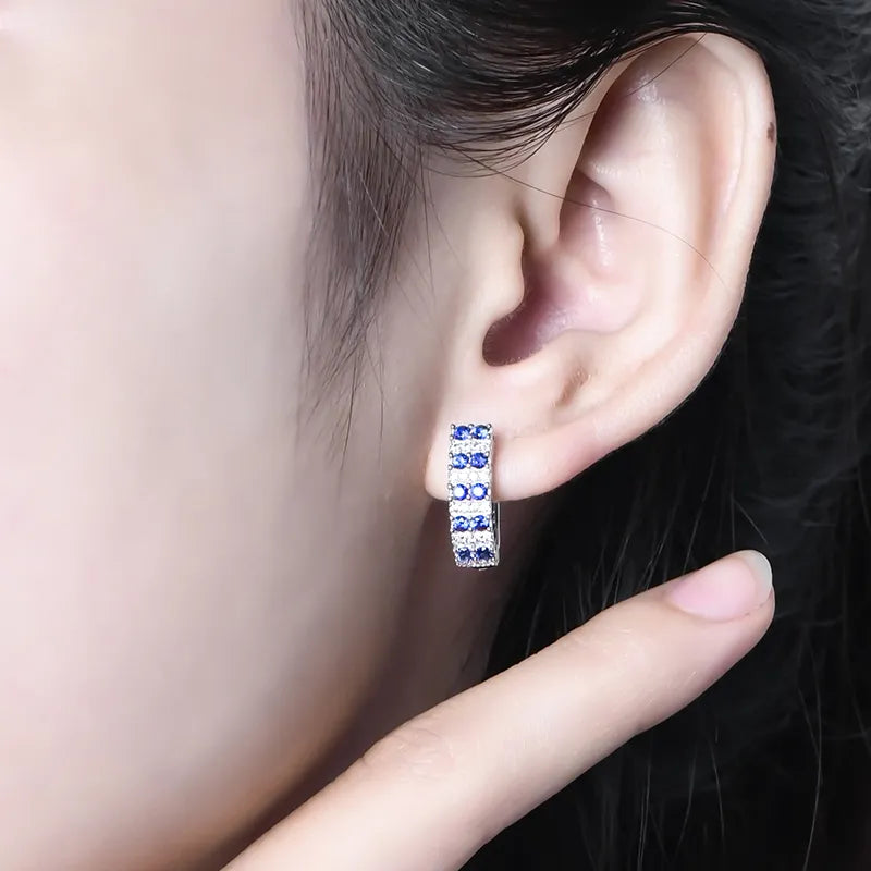Double Row Lab-Created Sapphire Huggie Hoop Earrings In Sterling Silver