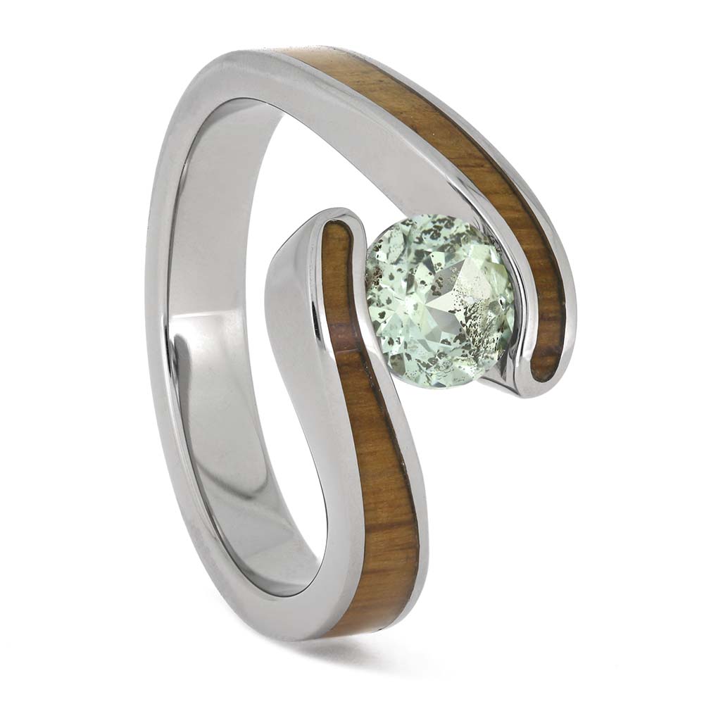 Green Sapphire Engagement Ring with Oak Wood Inlays