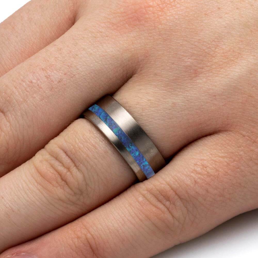 Blue Synthetic Opal Wedding Band in Matte Titanium