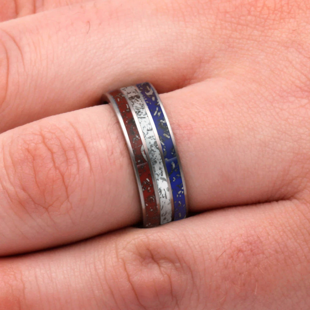 Red, White, and Blue Stardust Wedding Band in Titanium