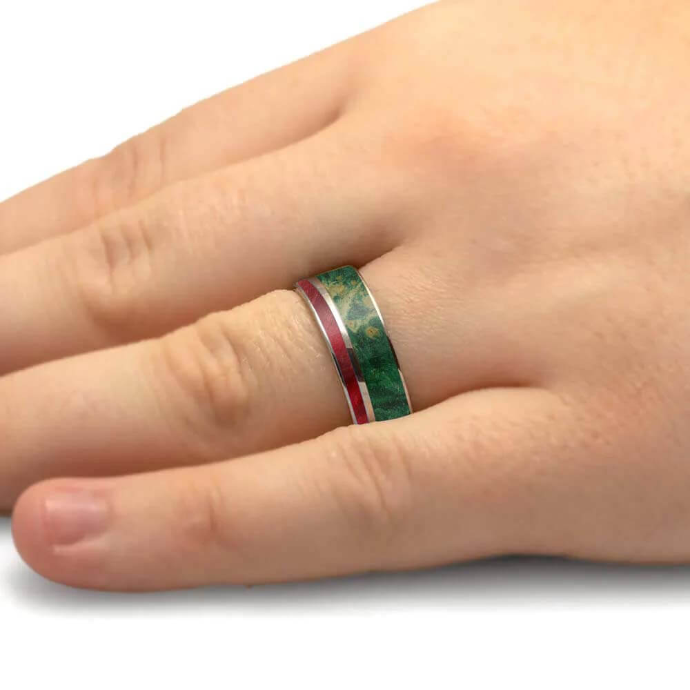 Red and Green Box Elder Burl Wood Wedding Band