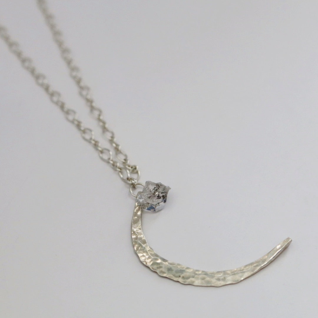 Sterling Silver Medium Hammered Moon Necklace with Quartz Gemstone