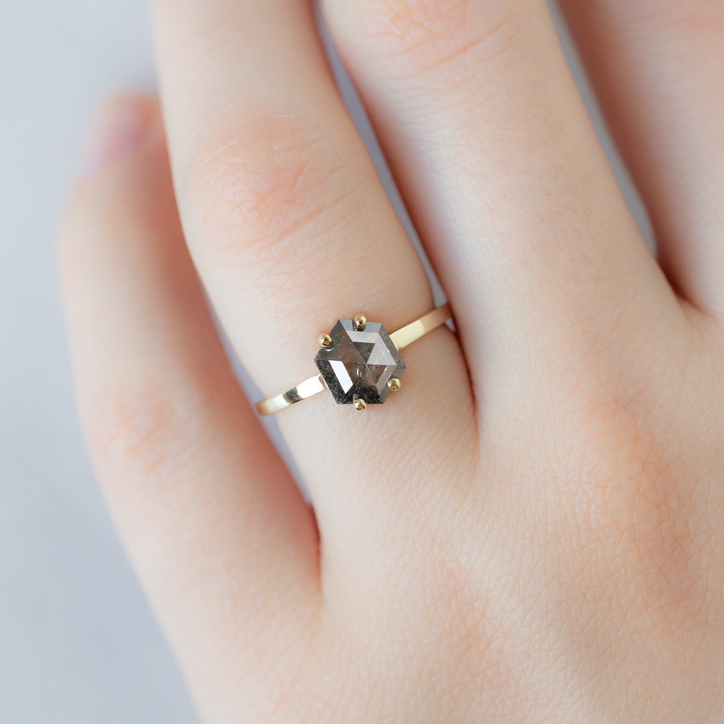 The Bryn Ring | .94ct Hexagon Salt and Pepper Diamond in 14K Yellow Gold