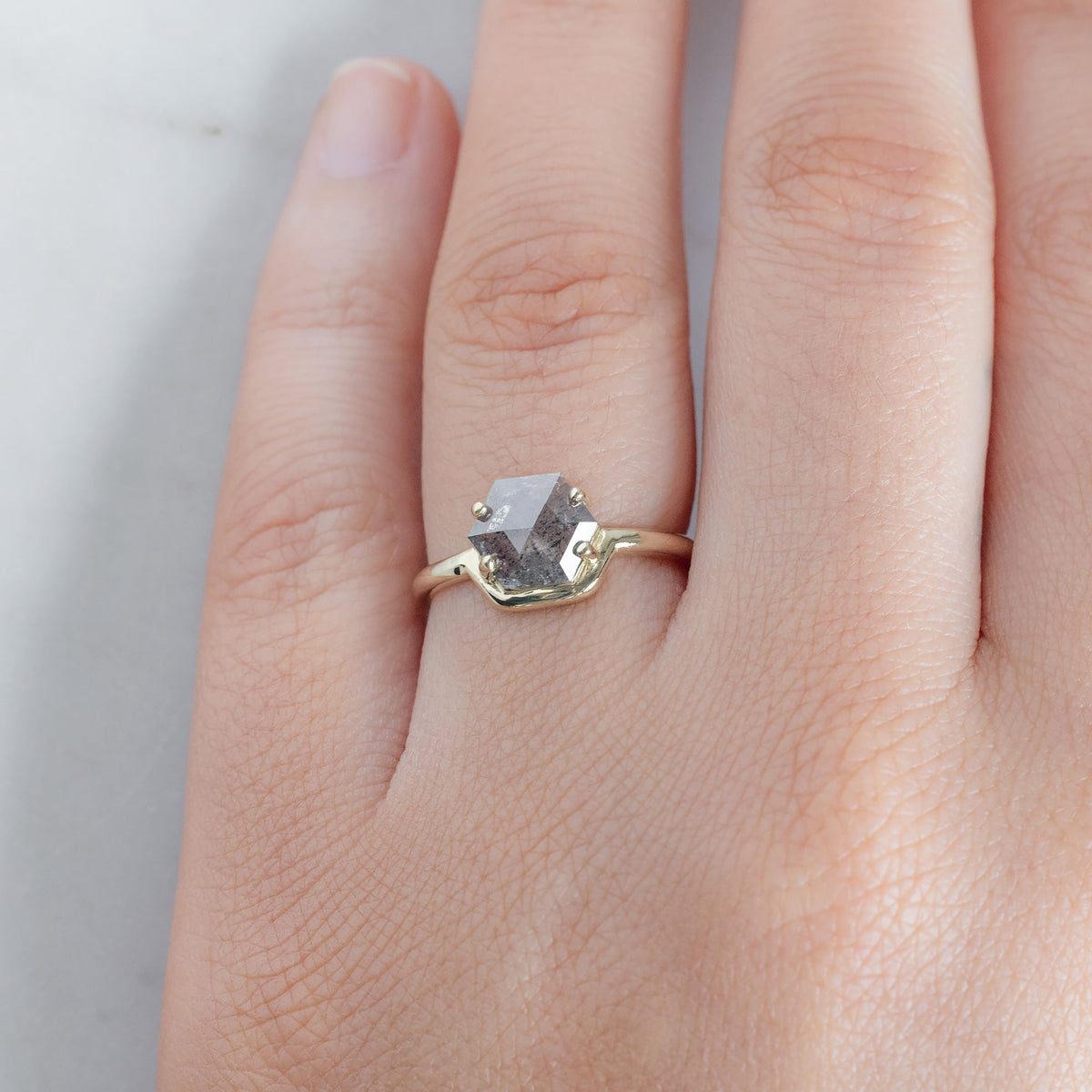 The Wave Ring | .98ct Hexagon Salt and Pepper Diamond in 14K Yellow Gold