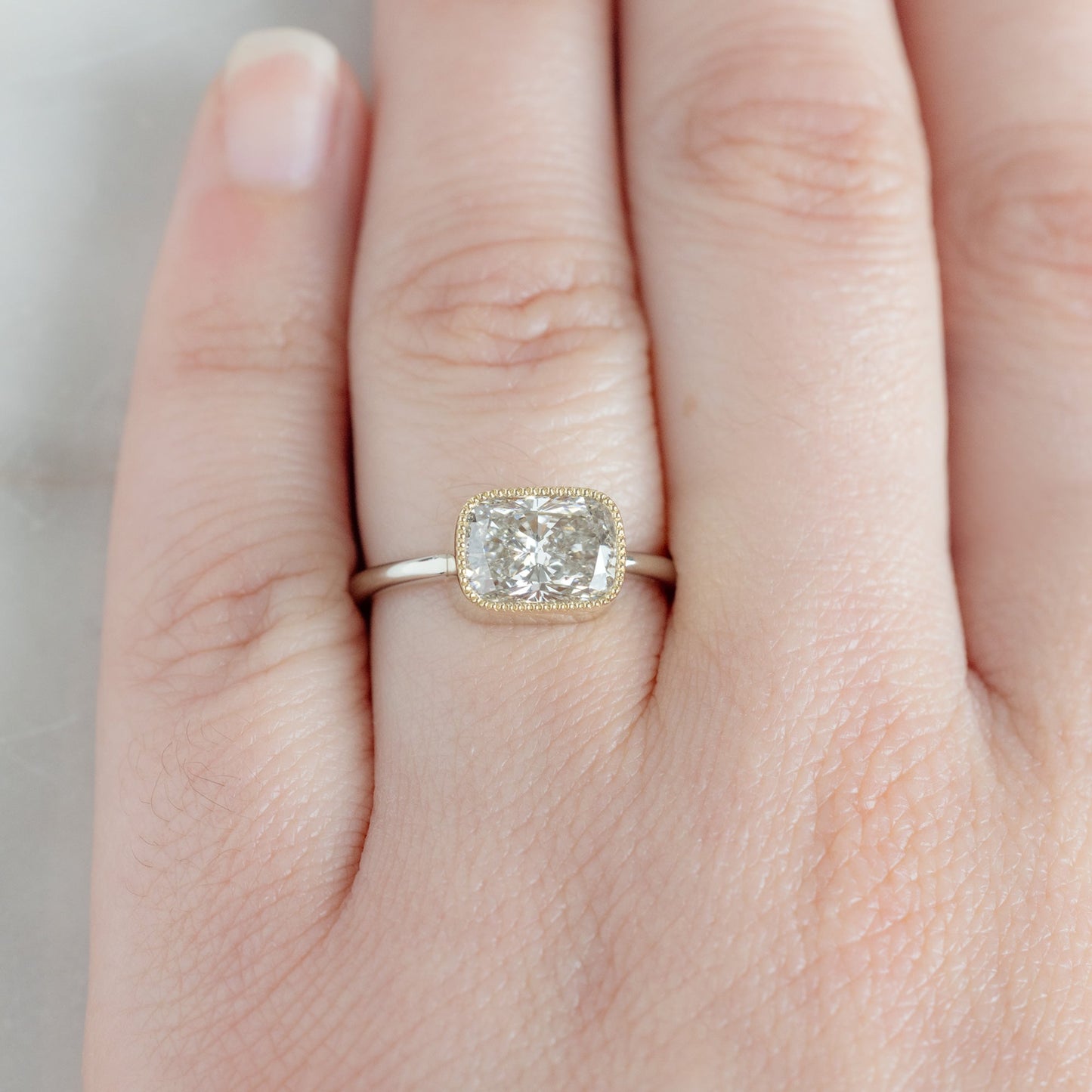 The Milgrain Hazel Ring | 2.08ct Lab Grown Cushion Cut White Diamond in 14K Yellow Gold