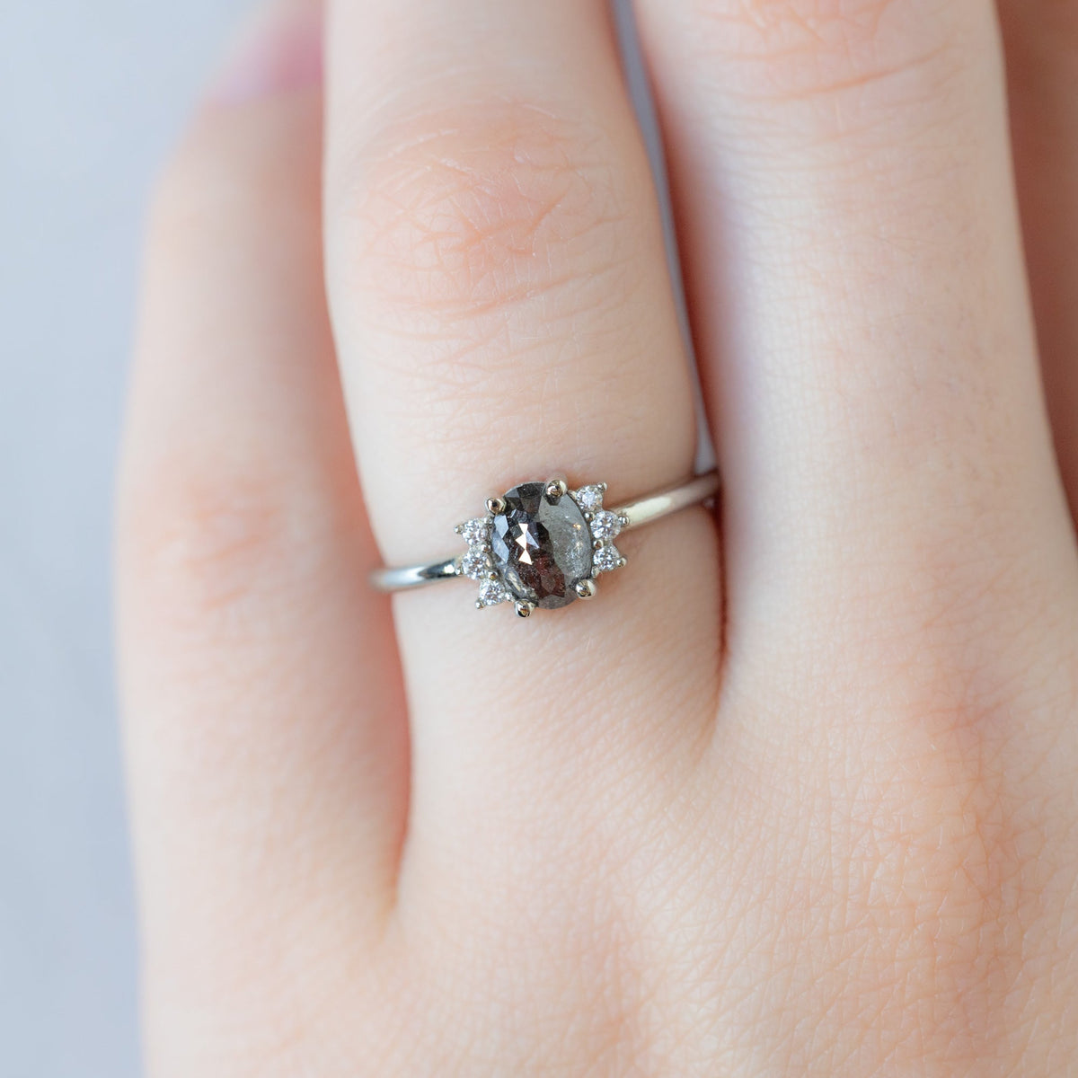The Sunflower Ring | .76ct Oval Salt and Pepper Diamond in 14K White Gold