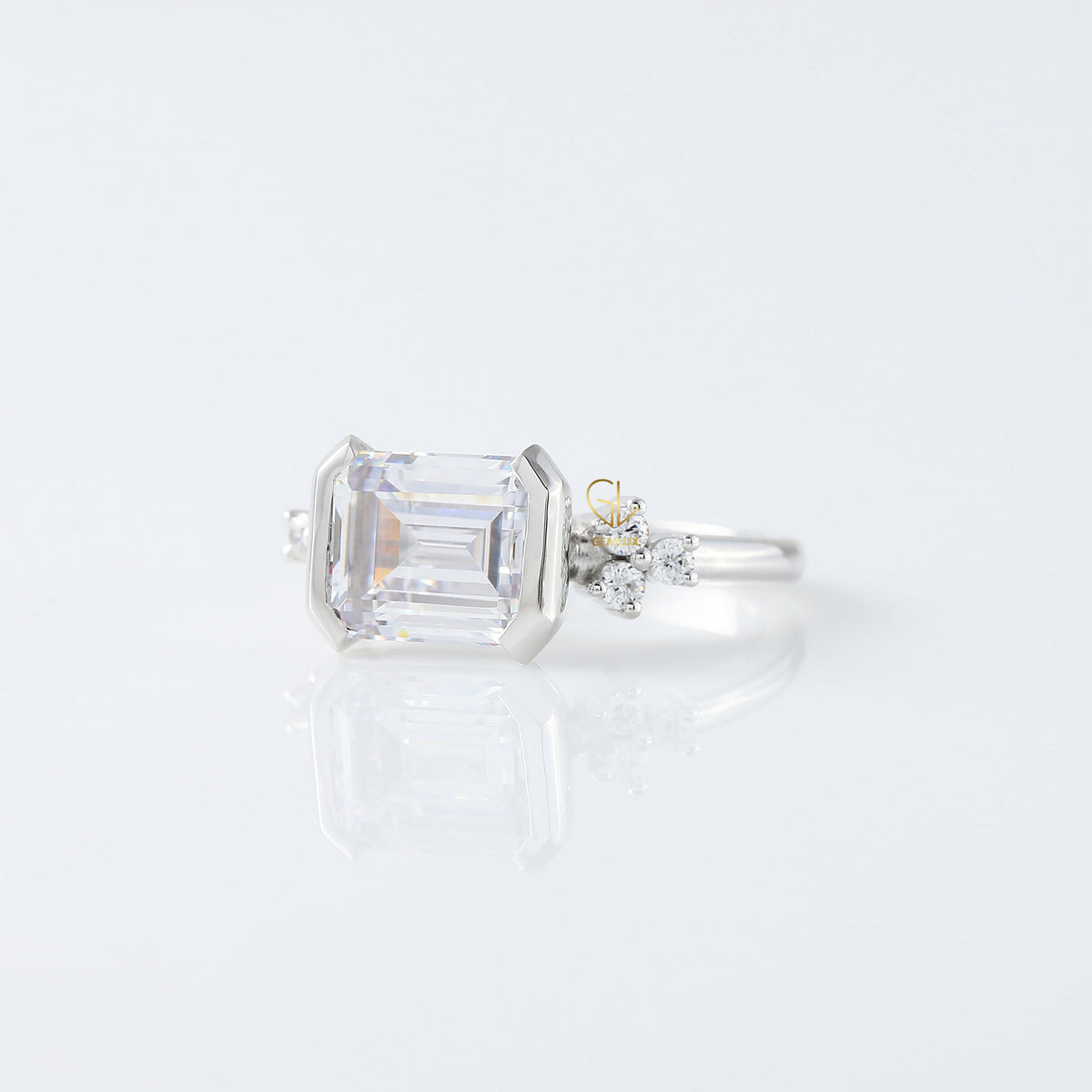 East West Emerald Cut Moissanite Diamond Solitaire Engagement Ring
