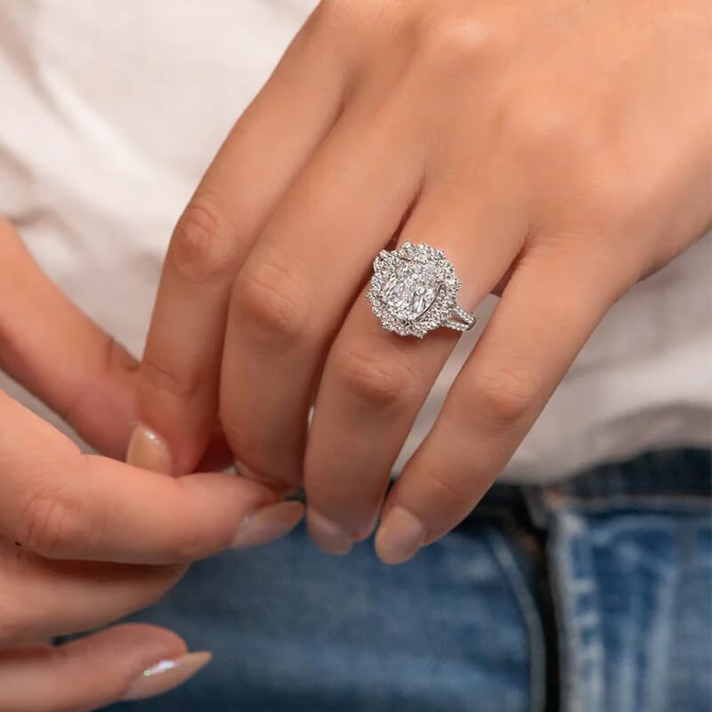 Elegant Elongated Cushion Moissanite Split Shank Pave Engagement Ring