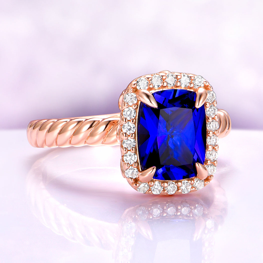 Elongated Cushion Blue Sapphire Ring in 14K Rose Gold Vermeil