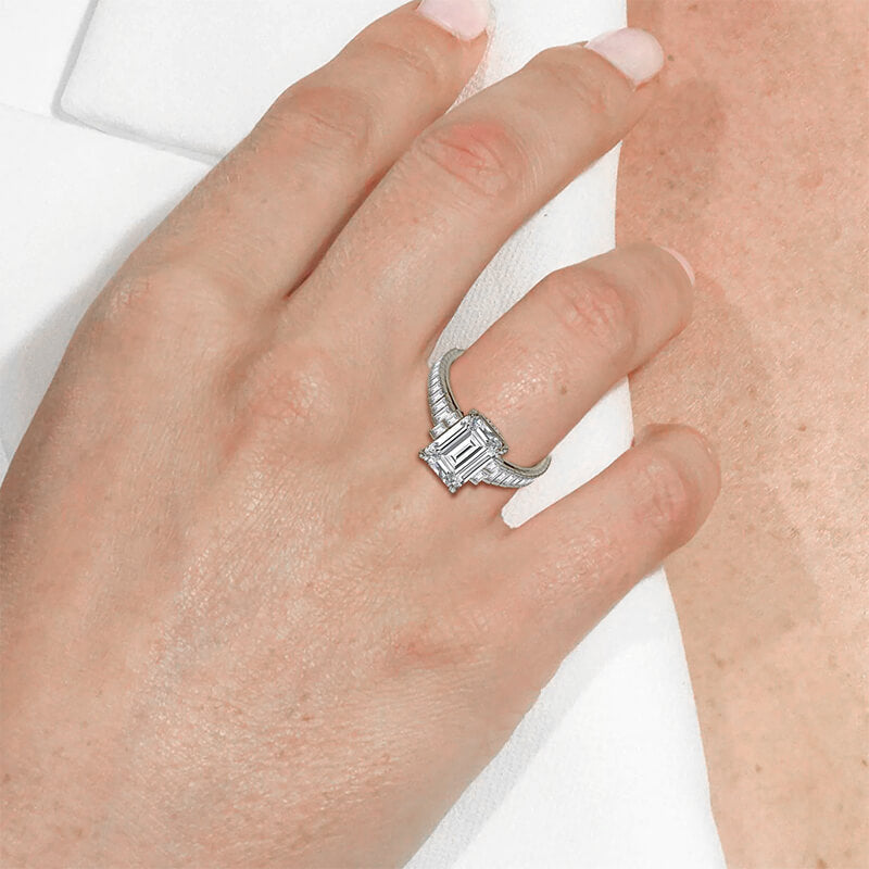 Emerald-Cut Moissanite Baguette Accent Staircase Engagement Ring