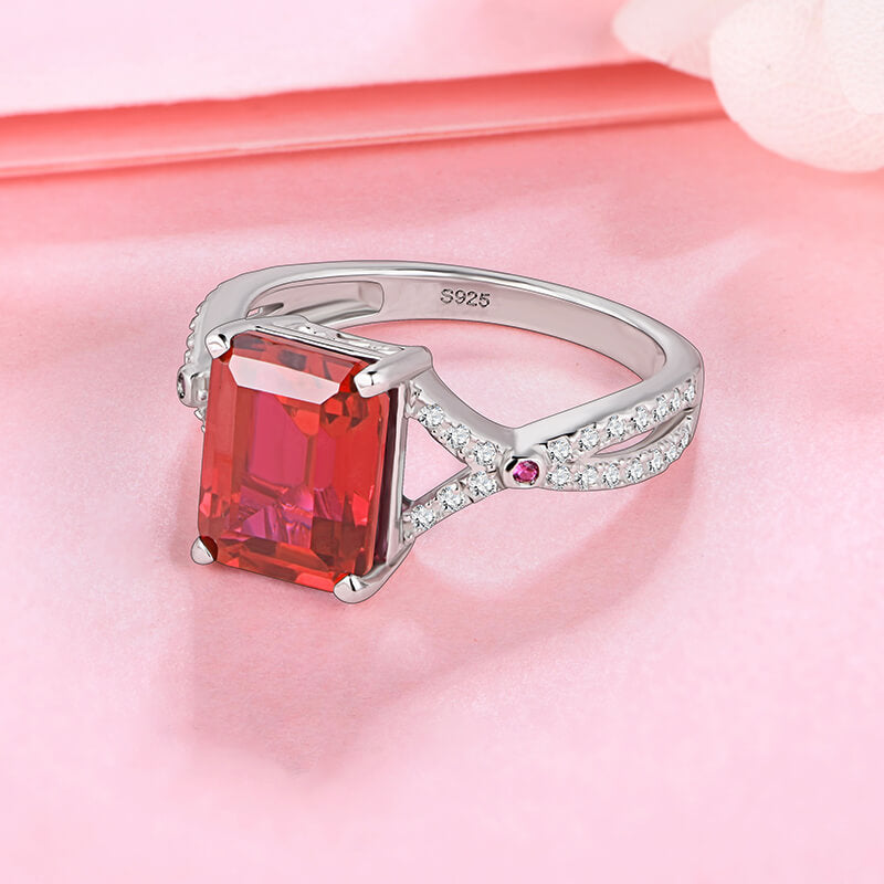 Emerald-Cut Ruby Cross Shank Pave Sterling Silver Ring