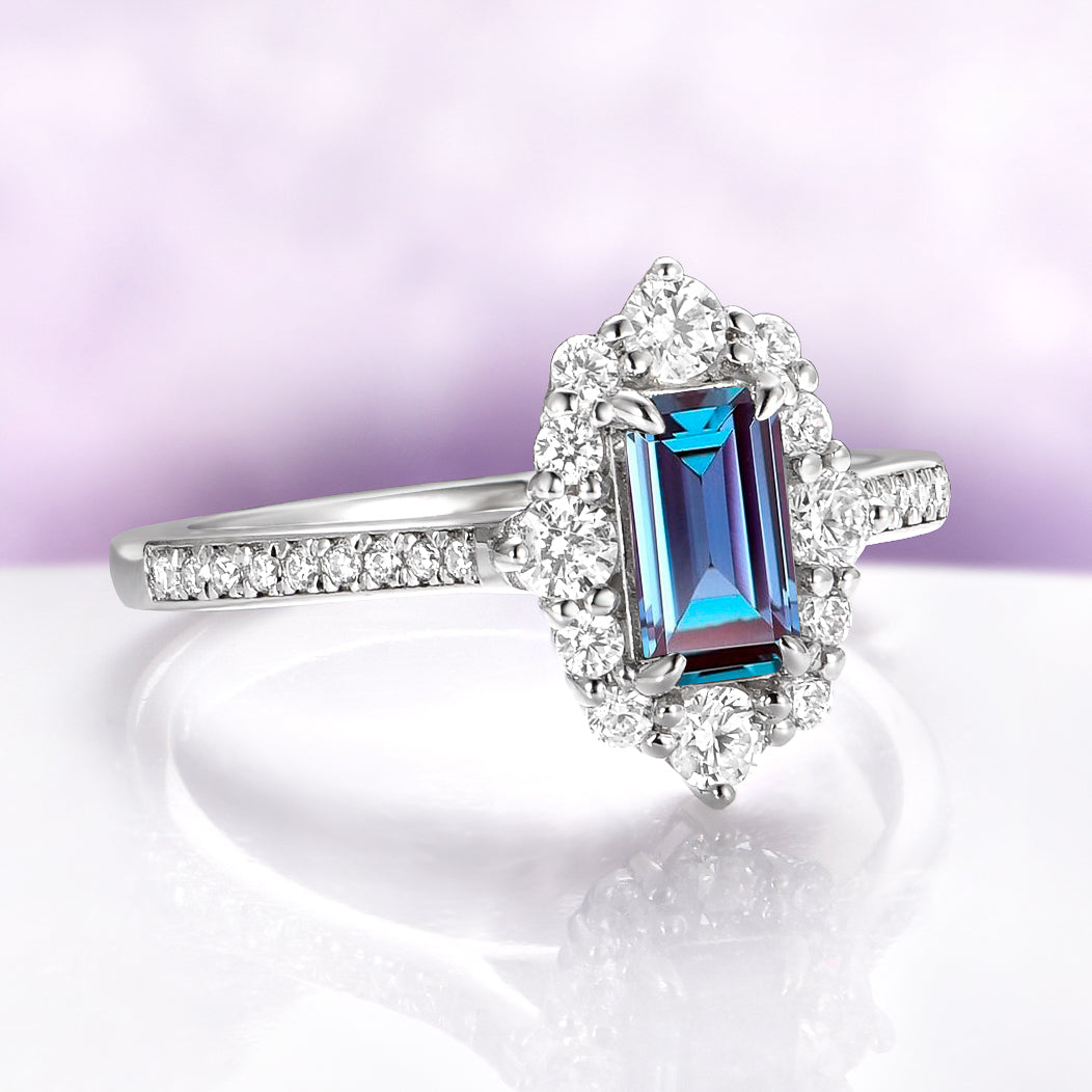 Emerald Cut Alexandrite Engagement Ring in 14K White Gold