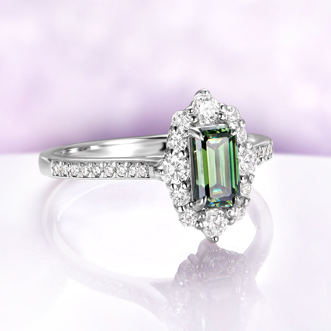 Emerald Cut Pacific Green Engagement Ring in 14K White Gold