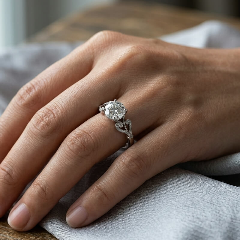 Enchanted Vine Round Cut Moissanite Pave Engagement Ring