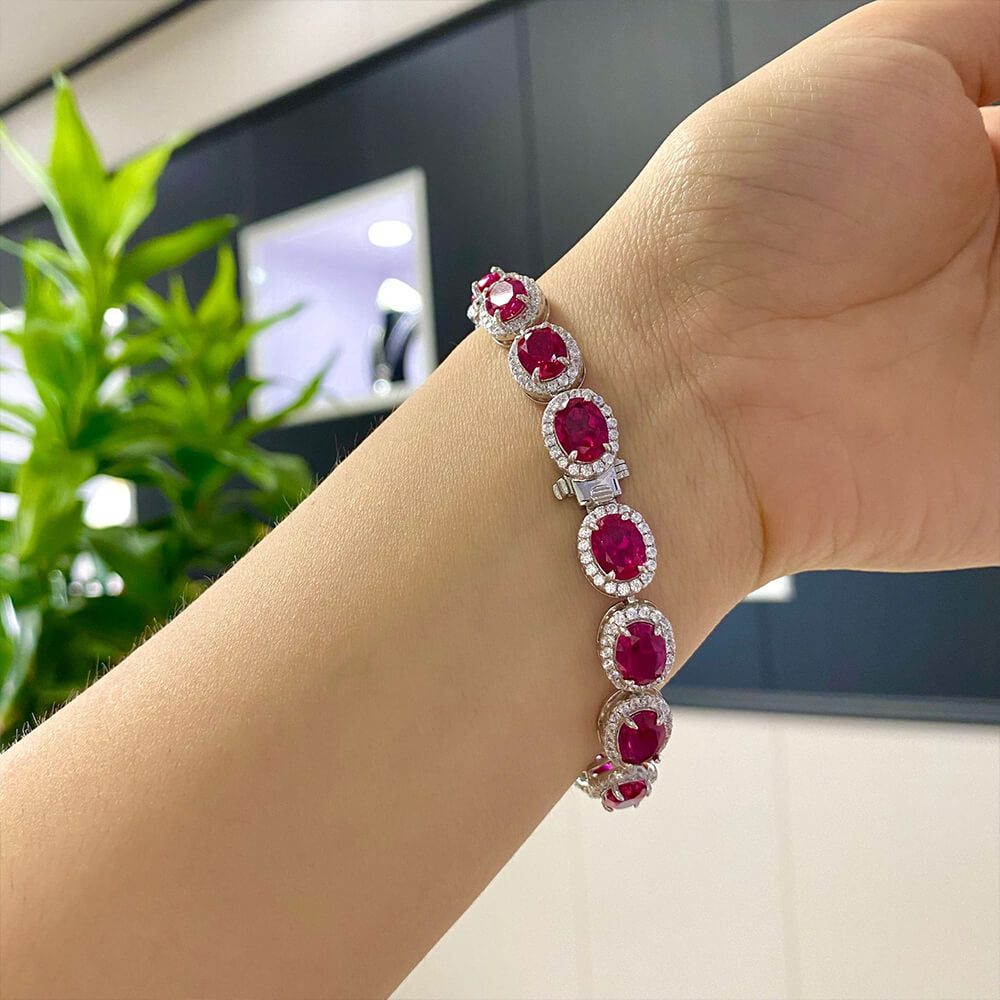 Eternity Halo Oval Ruby Sterling Silver Bracelet