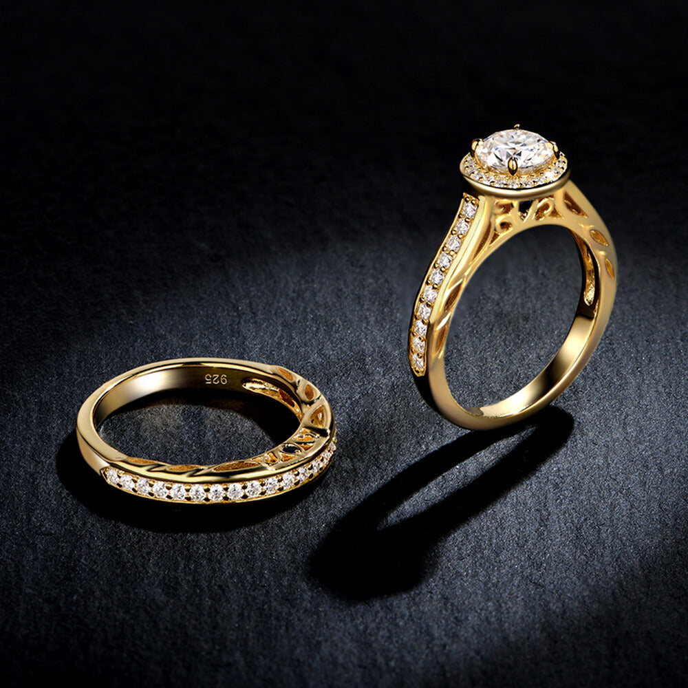Filigree Halo Moissanite Channel Set Yellow Gold Bridal Engagement Ring Set