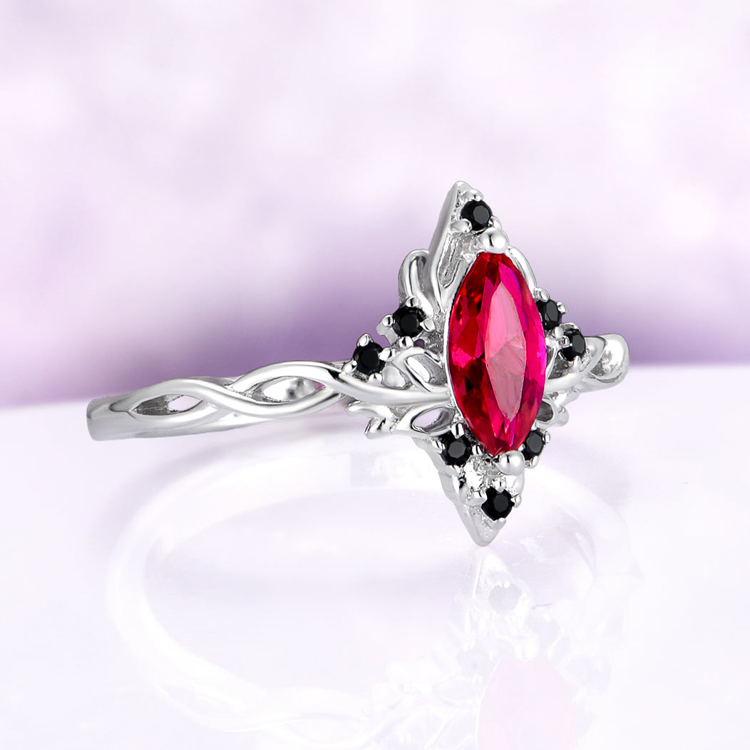 Fire Queen Marquise Ruby & Black Onyx Engagement Ring in 14K White Gold