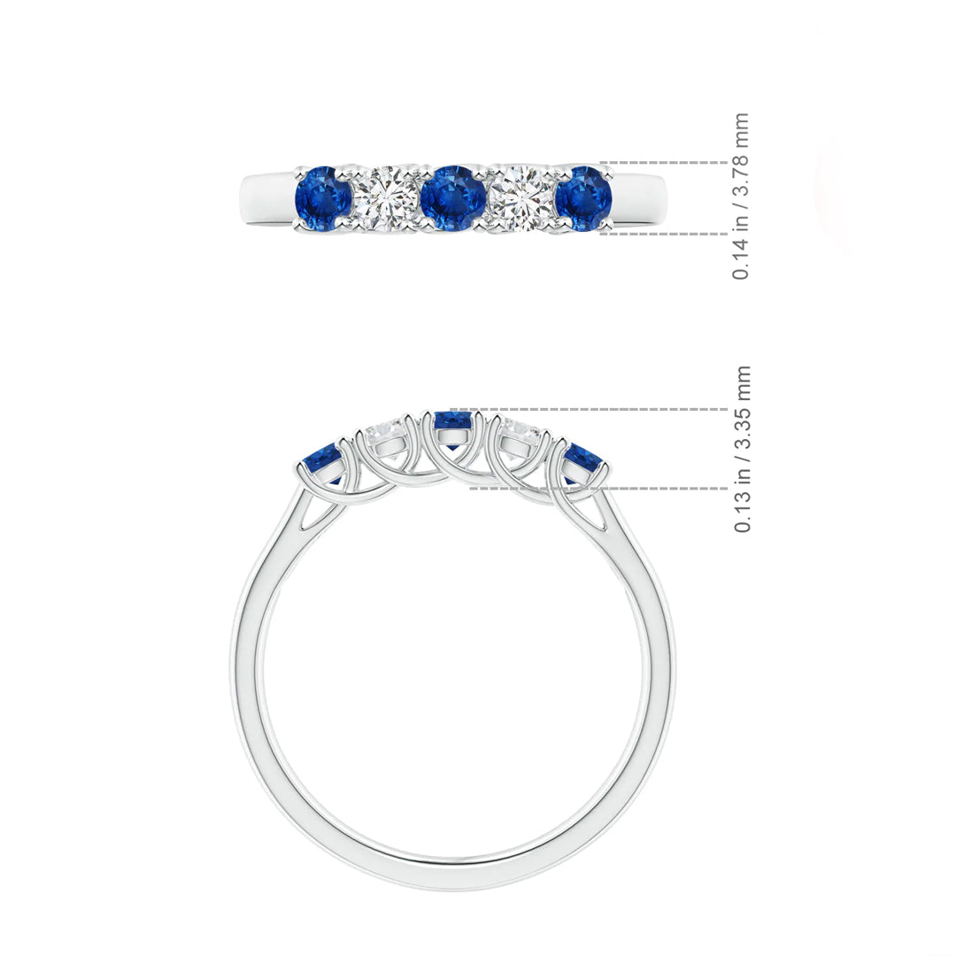 Five Stone Moissanite and Sapphire Wedding Band Ring In Sterling Silver