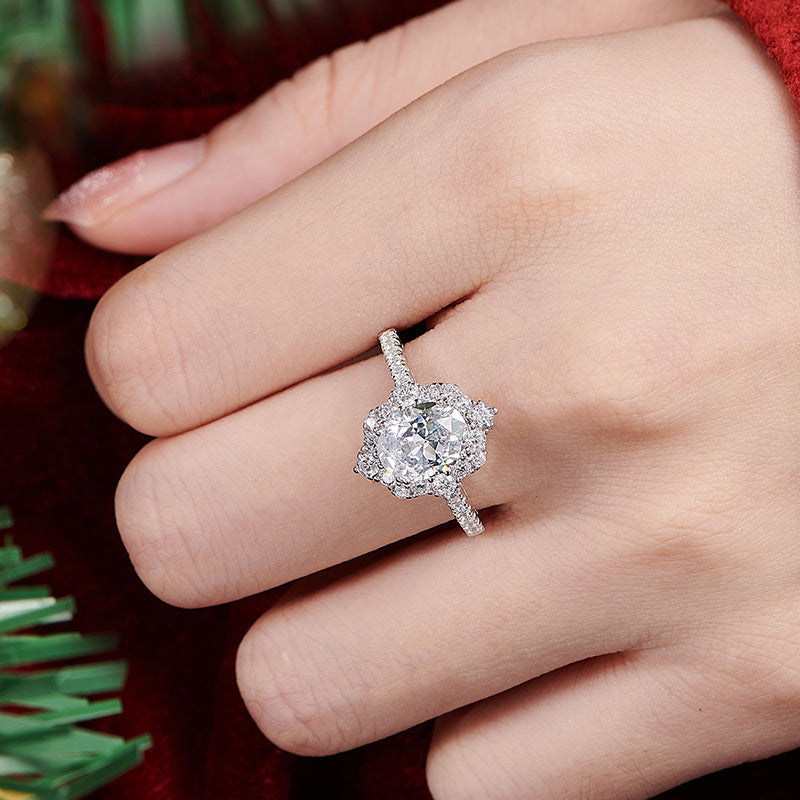 Floral Halo Oval Moissanite Pave Engagement Ring