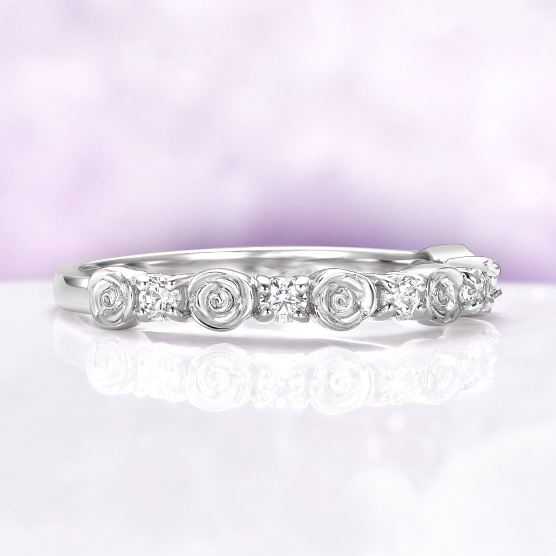 Floral Rose Moissanite Wedding Band in Sterling Silver