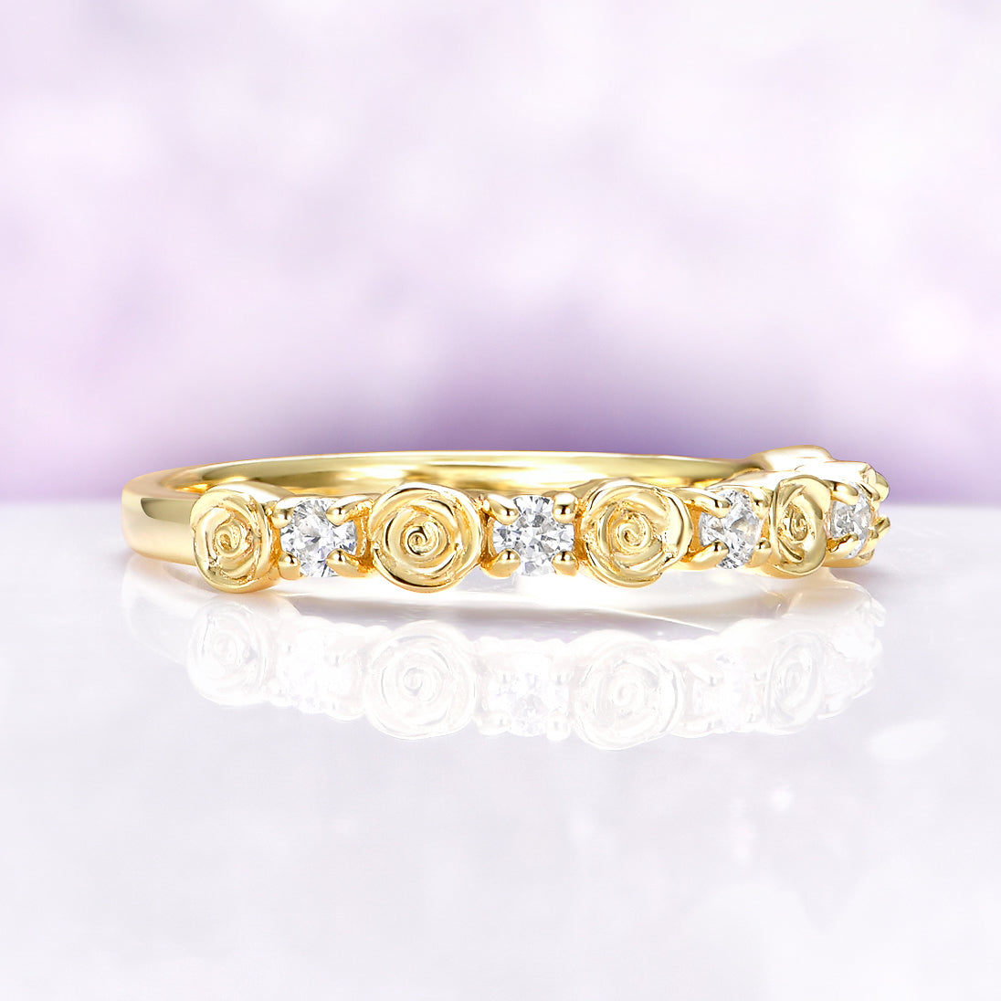 Floral Rose Flower Wedding Band in Solid 14K Yellow Gold