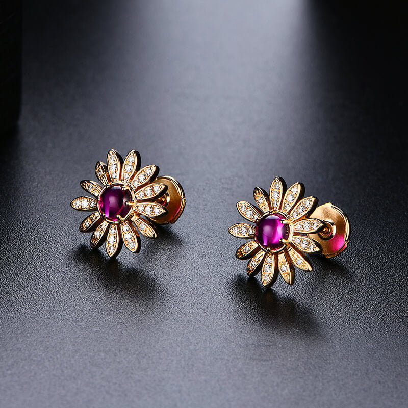 Flower Round Plain Ruby Stud Earrings In Sterling Silver