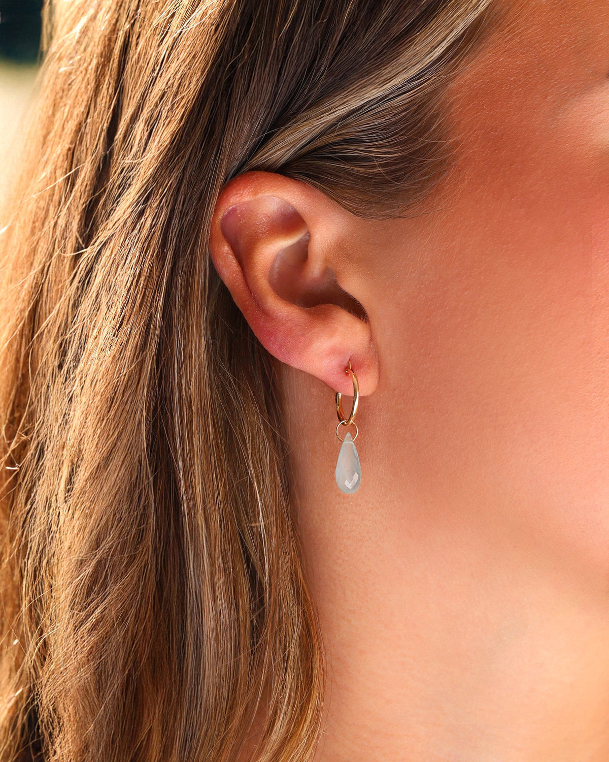 Blue Aquamarine Teardrop Floating Drop Huggies | 14mm
