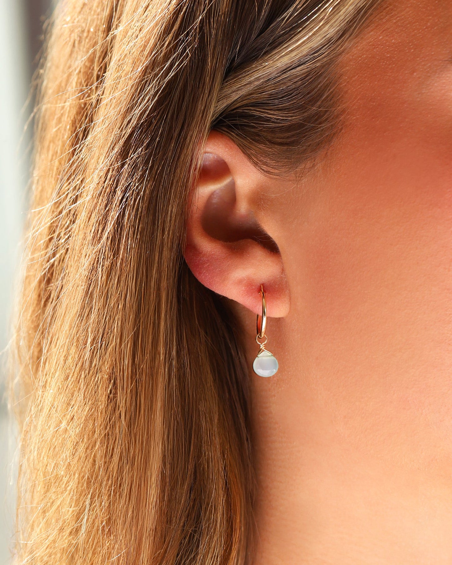 Aqua Chalcedony Heart Floating Drop Huggies | 14mm