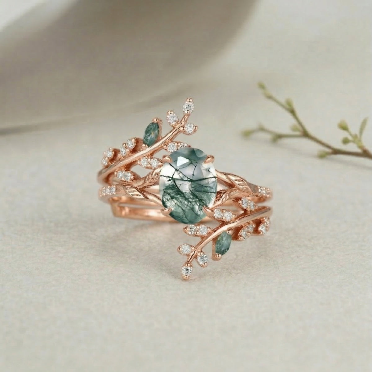 Vintage Moss Agate 1.5ct Oval Cut Engagement Ring Set | Nature-Inspired Branch & Leaf Band