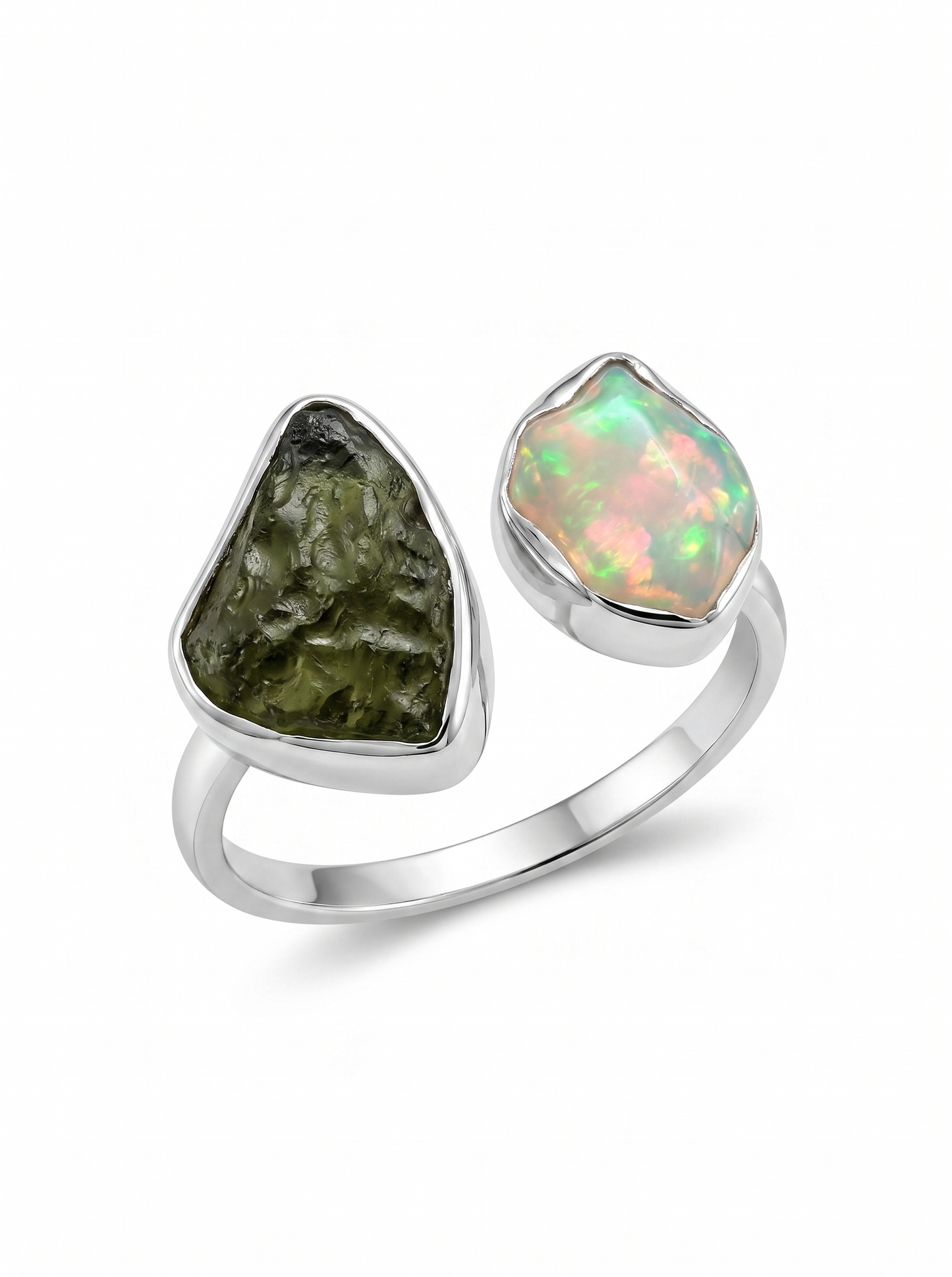 Czech Moldavite , Ethiopian opal Raw Natural Gemstone With Natural Garnet 925 Solid Sterling Silver Handmade Adjustable Ring