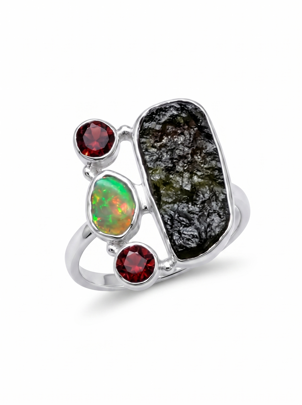 Natural Raw Moldavite, Ethiopian Opal Garnet Gemstone Ring 925 Solid Sterling Silver Handmade Jewelry Ring Gift For Mother