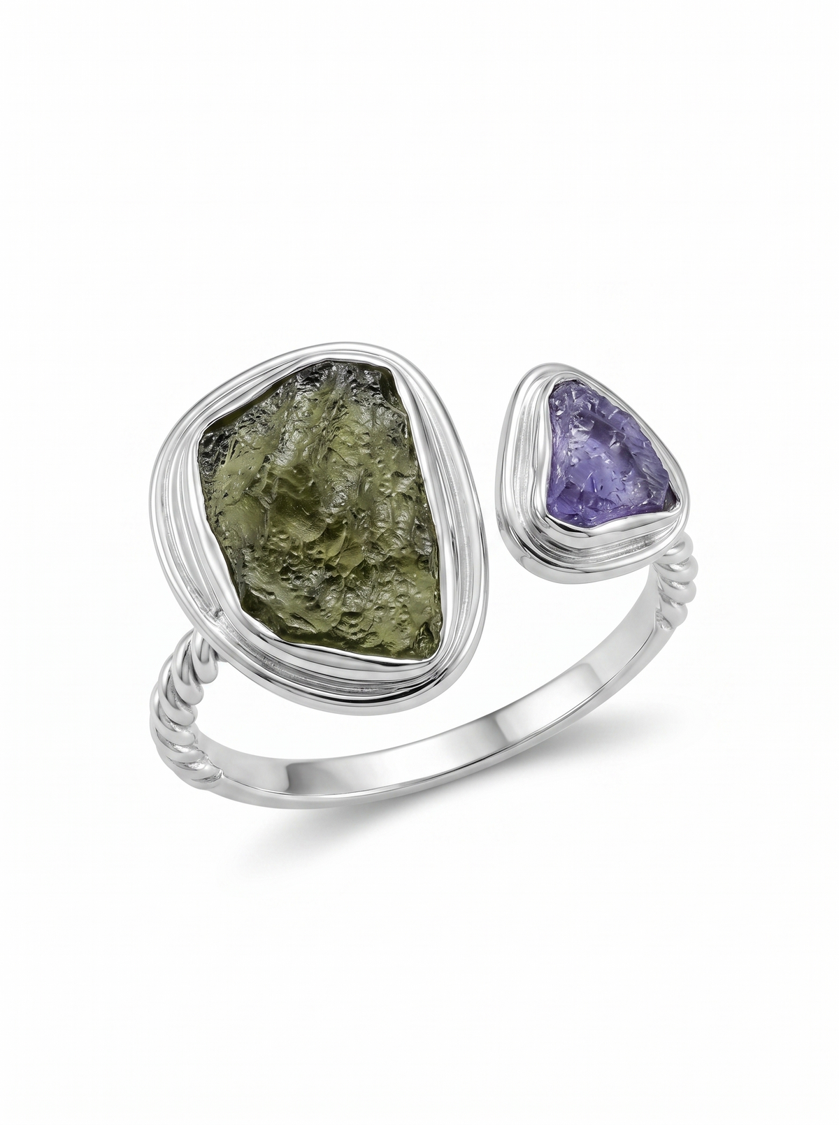 Certified Moldavite Ring, Raw Moldavite & Tanzanite Ring, 925 Solid Sterling Silver,Moldavite jewelry, Czech Republic Ring, Adjustable Ring