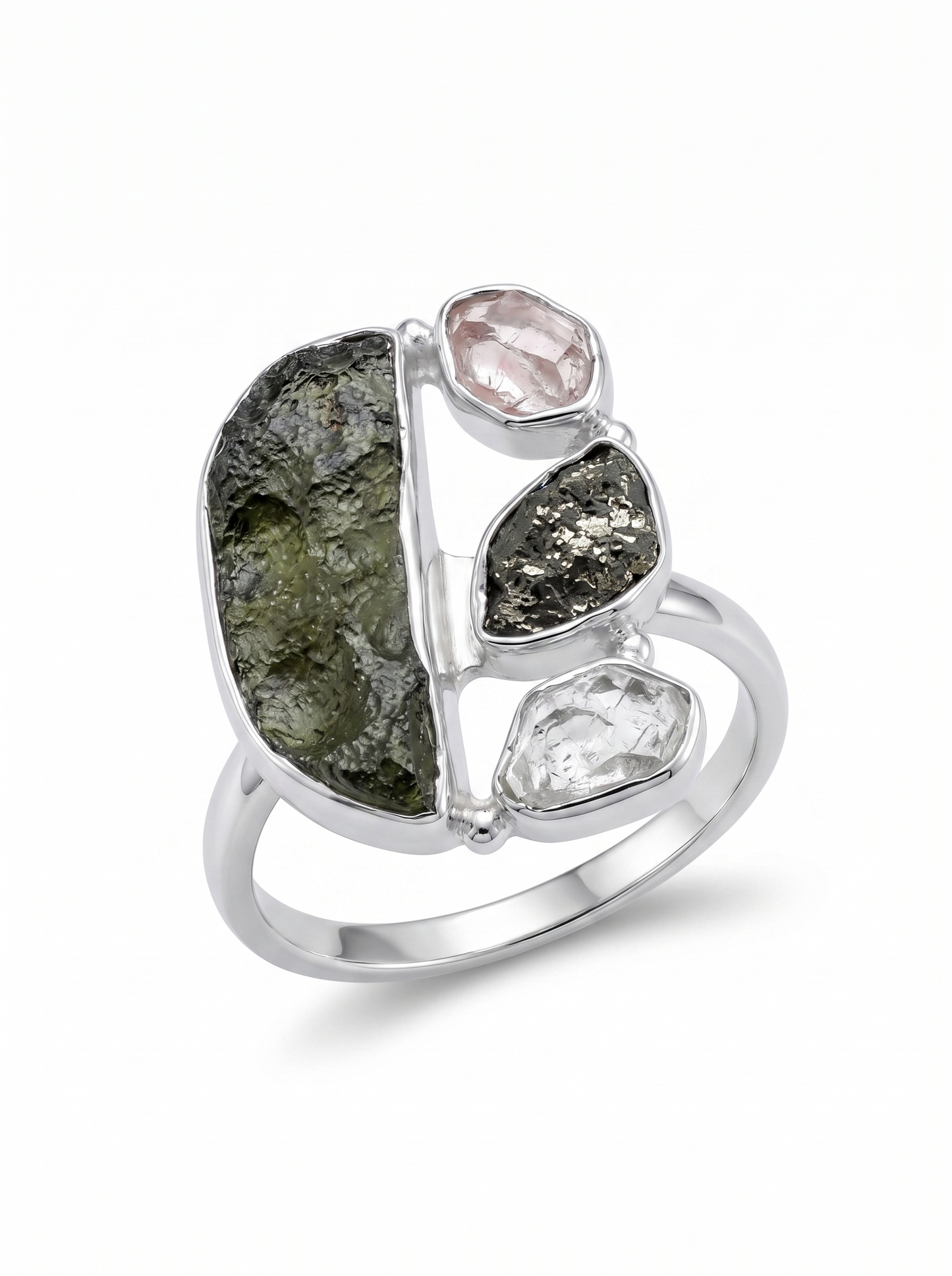 Natural Raw Moldavite, Herkimer Diamond and Meteorite Gemstone Ring 925 Solid Sterling Silver Handmade Jewelry Ring Gift For Mother