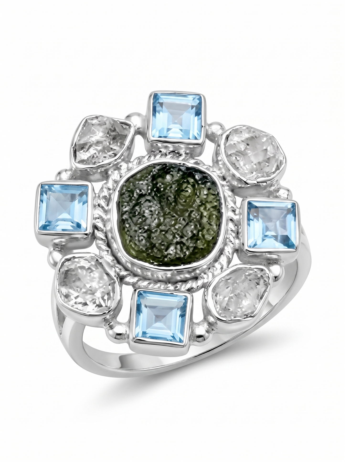 Czech Republic Moldavite Ring , Herkimer Diamond Ring, Natural Gemstone 925 Solid Sterling Silver Handmade Jewelry Ring, Blue Topaz Ring
