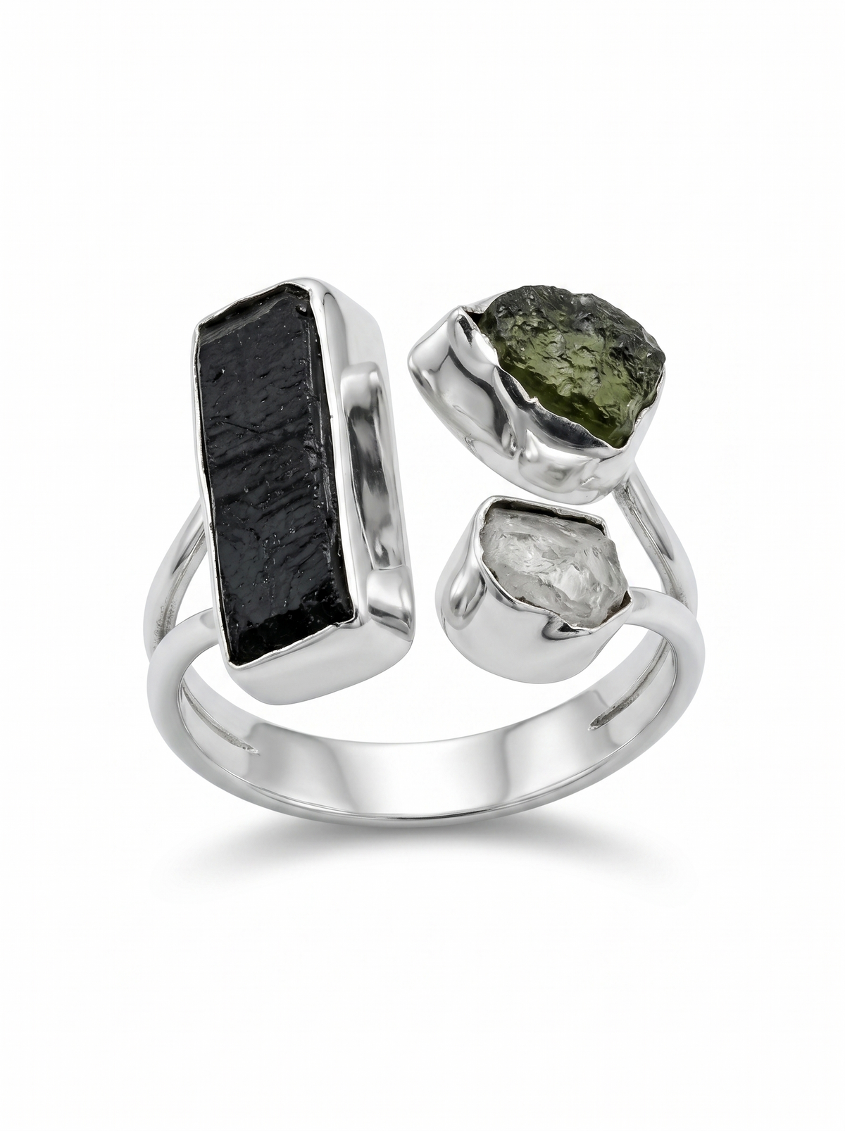 Natural Raw Moldavite, Herkimer & Black Tourmaline Gemstone Ring 925 Solid Sterling Silver Handmade Jewelry Ring Gift For Her