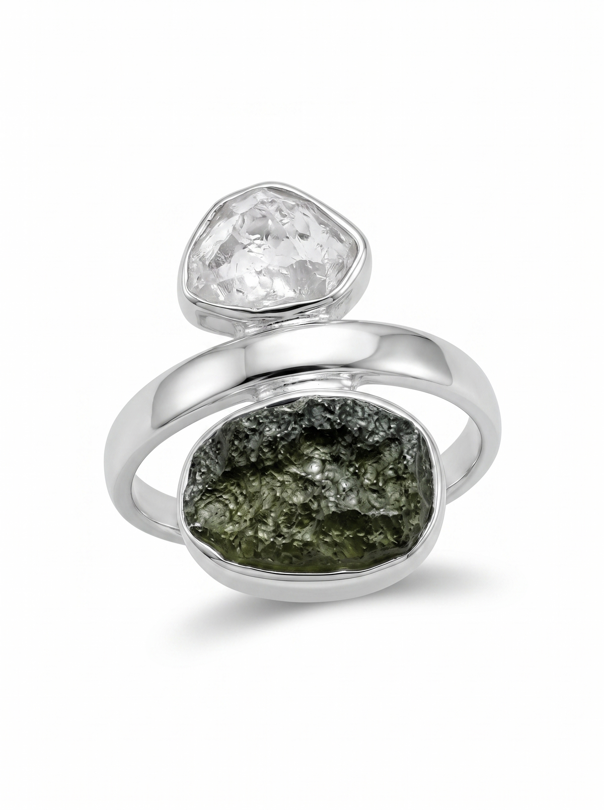 Czech Republic Moldavite Ring , Herkimer Diamond Ring, Natural Gemstone 925 Solid Sterling Silver Handmade Jewelry Ring, Gift For Her