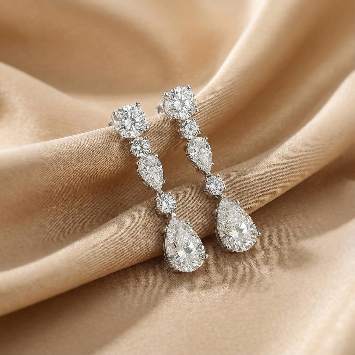 Solarii Linear White Stone Round and Pear Cut Drop Earrings In Sterling Silver