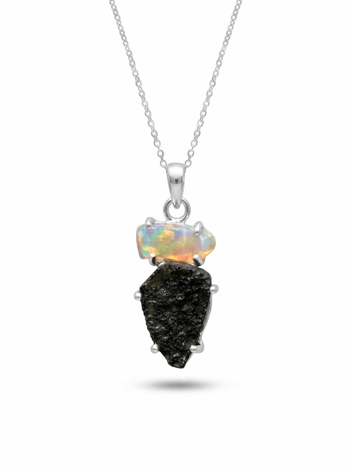 Genuine Moldavite & Opal Rough Pendant, 925 Sterling Silver Handmade Pendant, Moldavite Gemstone Pendant, Gift For Women's