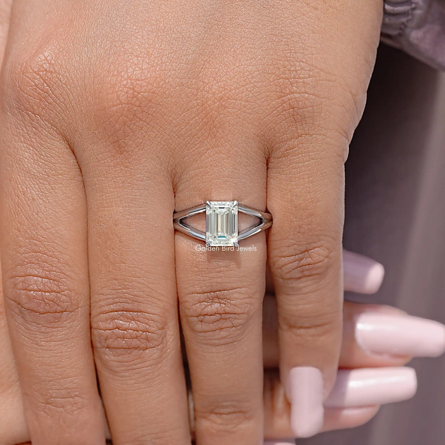 Emerald Cut Moissanite Split Shank Ring
