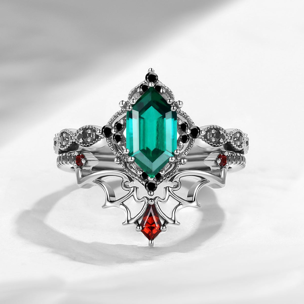 Gothic Bat Inspired Long Hexagon Cut Lab Emerald Engagement Ring Set 2pcs