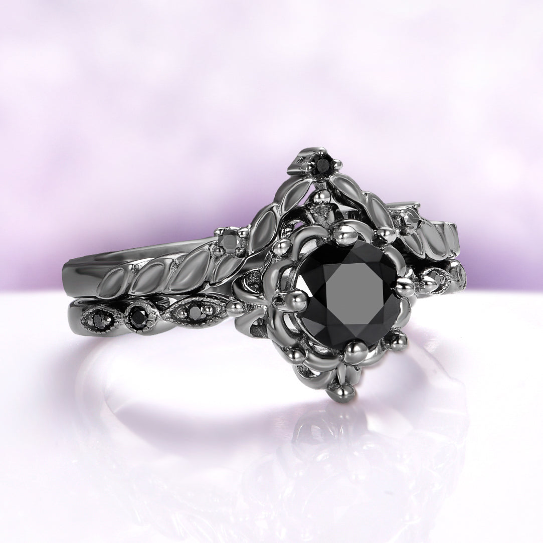 Gothic Vintage Floral Ring Set in Black Ruthenium