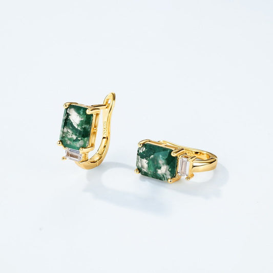 Moss Agate Accent Baguette Huggie Hoop Earrings for Women