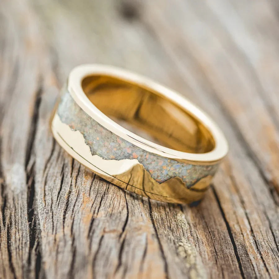 "Helios" - Crushed Fire & Ice Opal Wedding Band - 14K Yellow Gold (8mm) - Size 7 3/4
