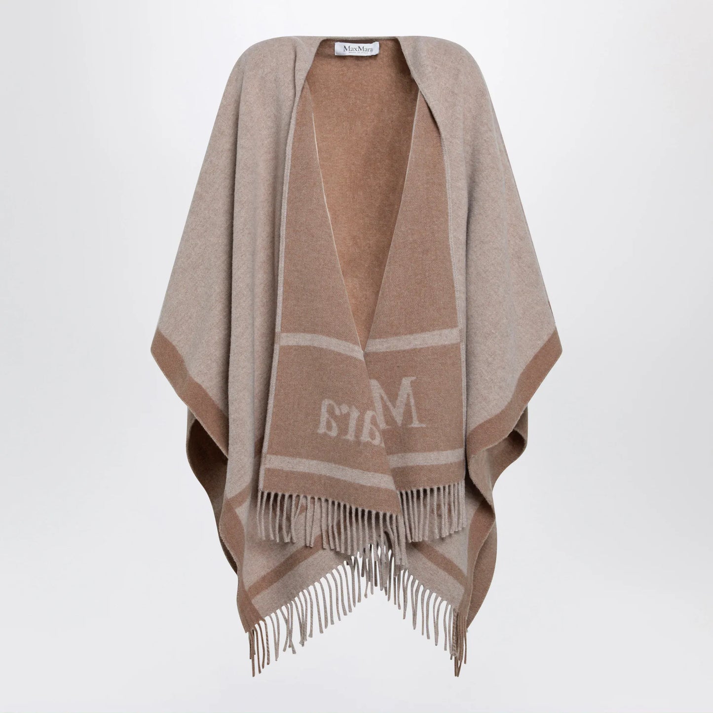 Max Mara - Jacquard poncho with fringes in sand-colored wool
