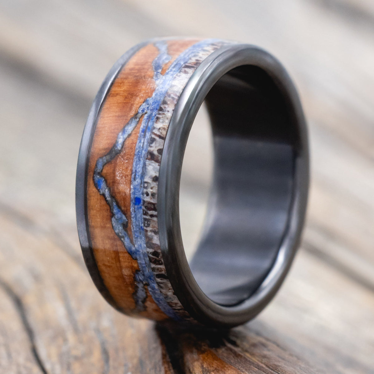 "The Expedition" - Mountain Engraved Wedding Ring With Redwood, Lapis Lazuli & Antler - Black Zirconium (8mm) - Size 6 1/2
